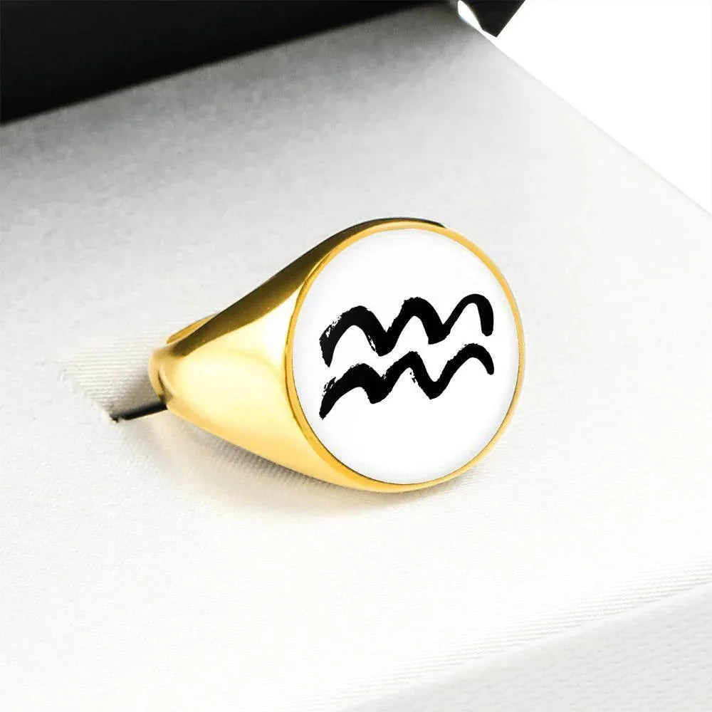 Aquarius Zodiac Stainless Steel or 18k Gold Ring - ZodiacFanatic