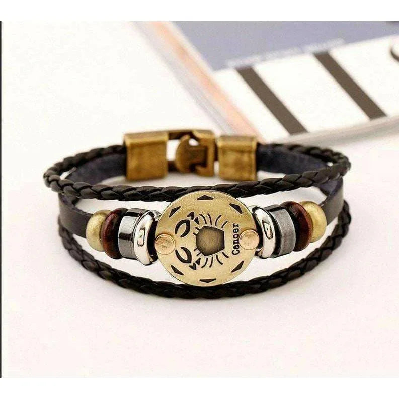 ♋️ Cancer Zodiac Leather Bracelet Wooden Bead & Black Hematite - ZodiacFanatic