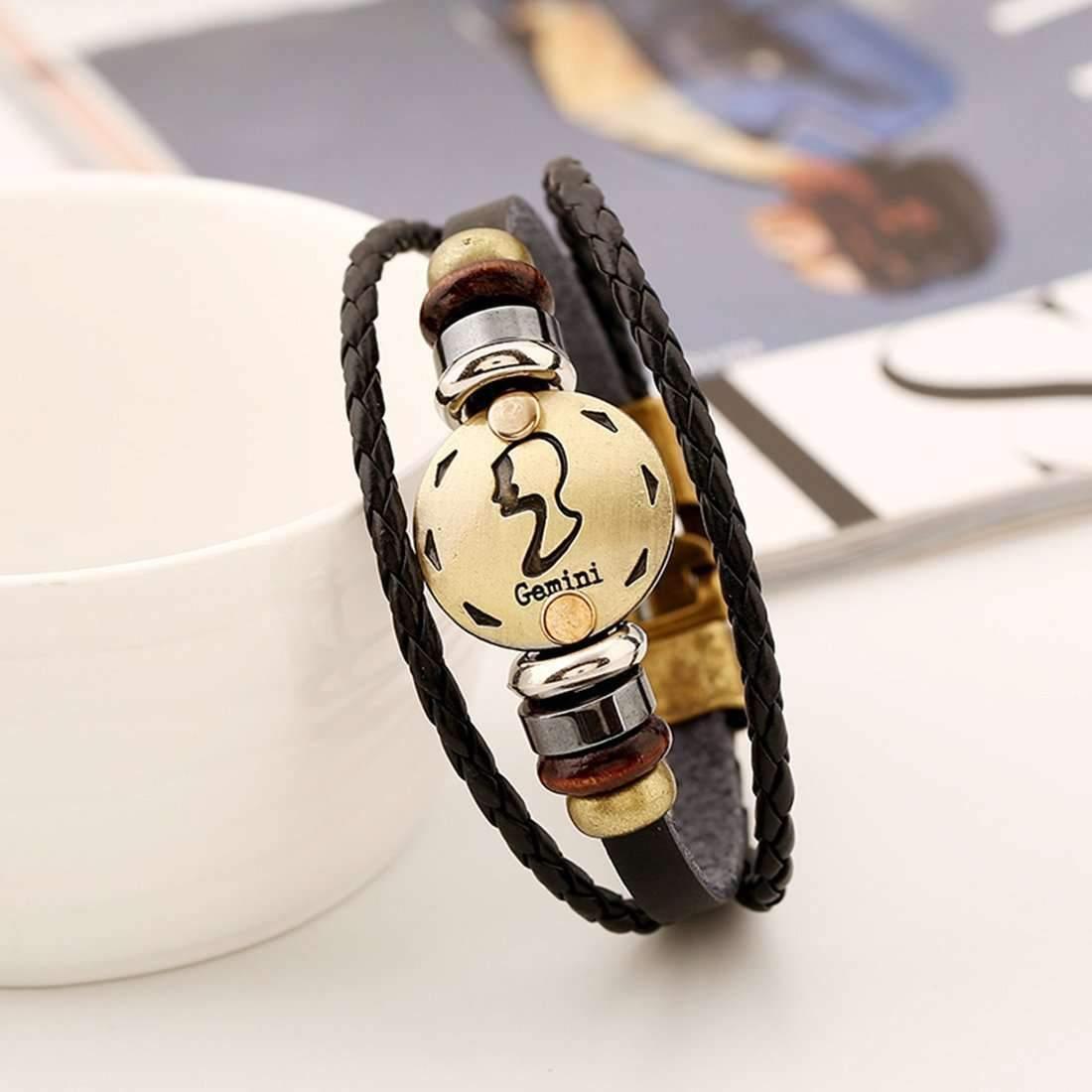 ♊ Gemini Zodiac Leather Bracelet Wooden Bead & Black Hematite - ZodiacFanatic