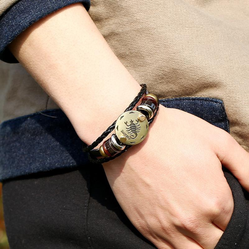 ♏ Scorpio Zodiac Leather Bracelet Wooden Bead & Black Hematite Lover Charm Jewelry - ZodiacFanatic