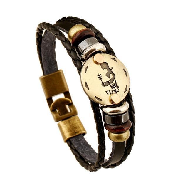 ♍ Virgo Zodiac Leather Bracelet Wooden Bead & Black Hematite Lover Charm Jewelry - ZodiacFanatic