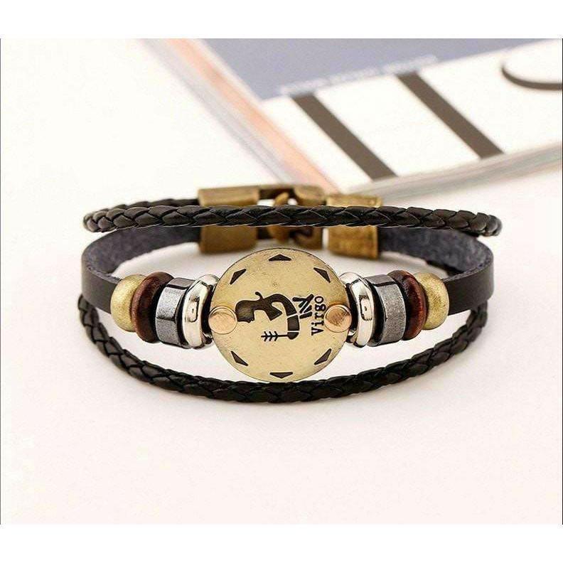 ♍ Virgo Zodiac Leather Bracelet Wooden Bead & Black Hematite Lover Charm Jewelry - ZodiacFanatic