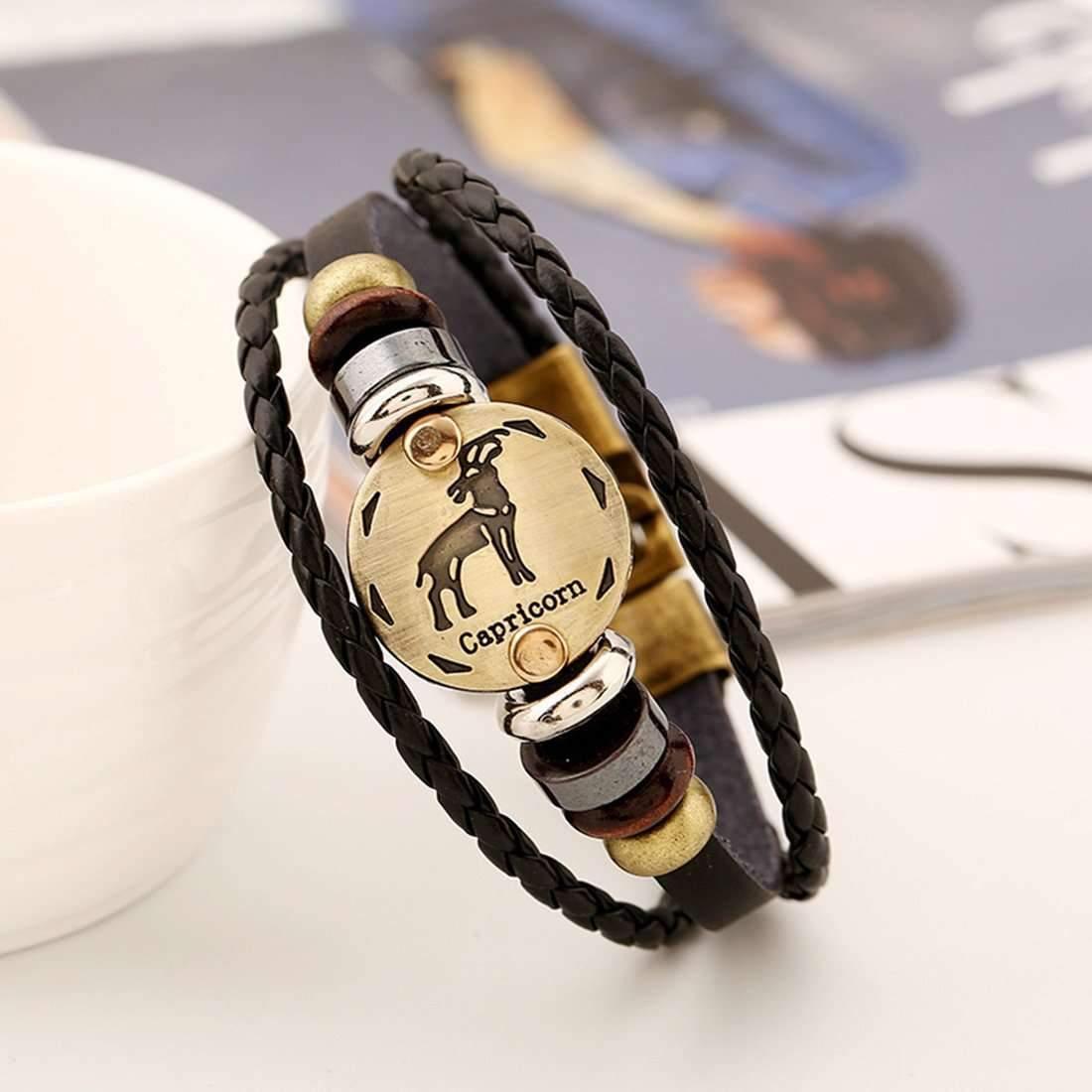 ♑ Capricorn Zodiac Leather Bracelet Wooden Bead & Black Hematite Lover Charm Jewelry - ZodiacFanatic