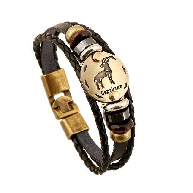 ♑ Capricorn Zodiac Leather Bracelet Wooden Bead & Black Hematite Lover Charm Jewelry - ZodiacFanatic