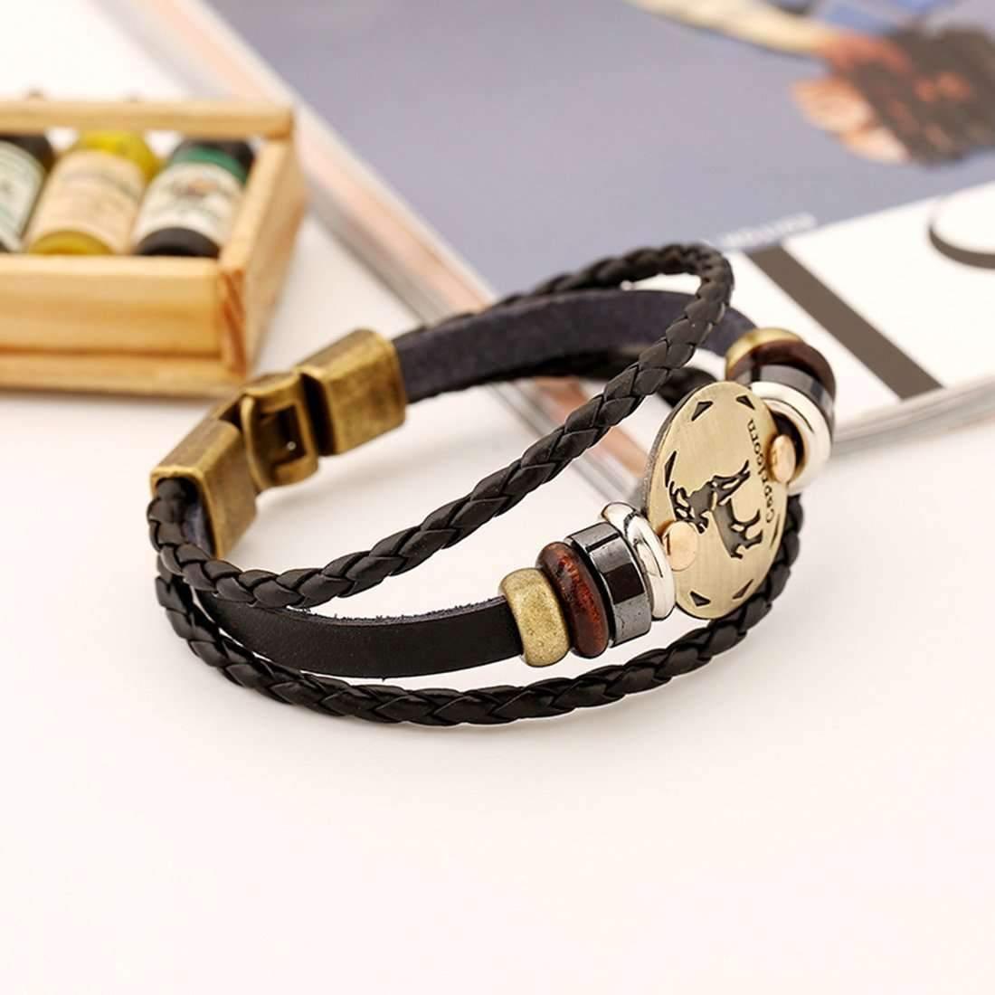 ♑ Capricorn Zodiac Leather Bracelet Wooden Bead & Black Hematite Lover Charm Jewelry - ZodiacFanatic