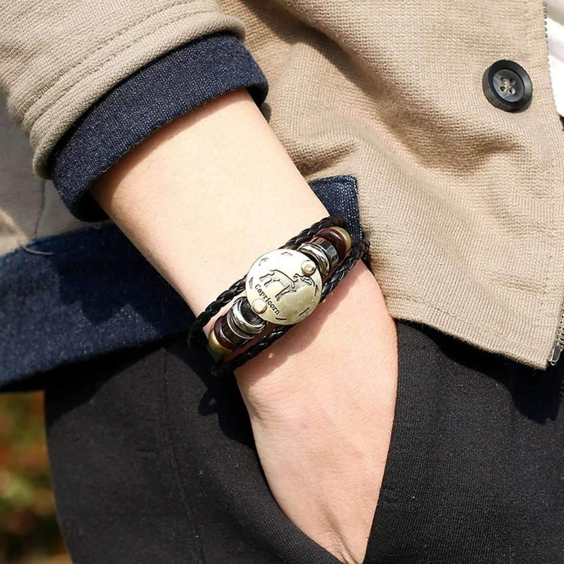 ♑ Capricorn Zodiac Leather Bracelet Wooden Bead & Black Hematite Lover Charm Jewelry - ZodiacFanatic