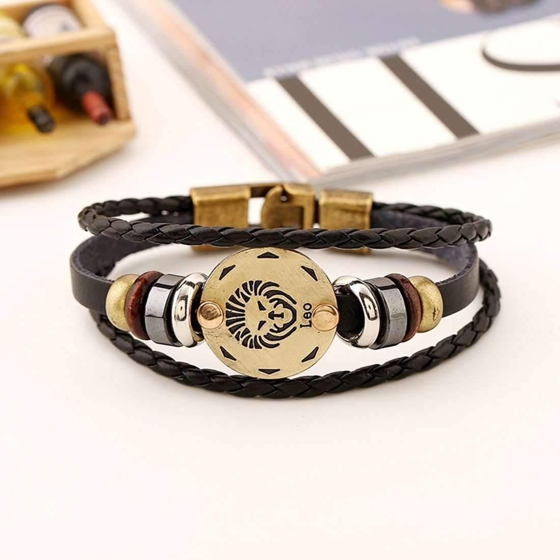 ♌ Leo Zodiac Leather Bracelet Wooden Bead & Black Hematite Lover Charm Jewelry - ZodiacFanatic