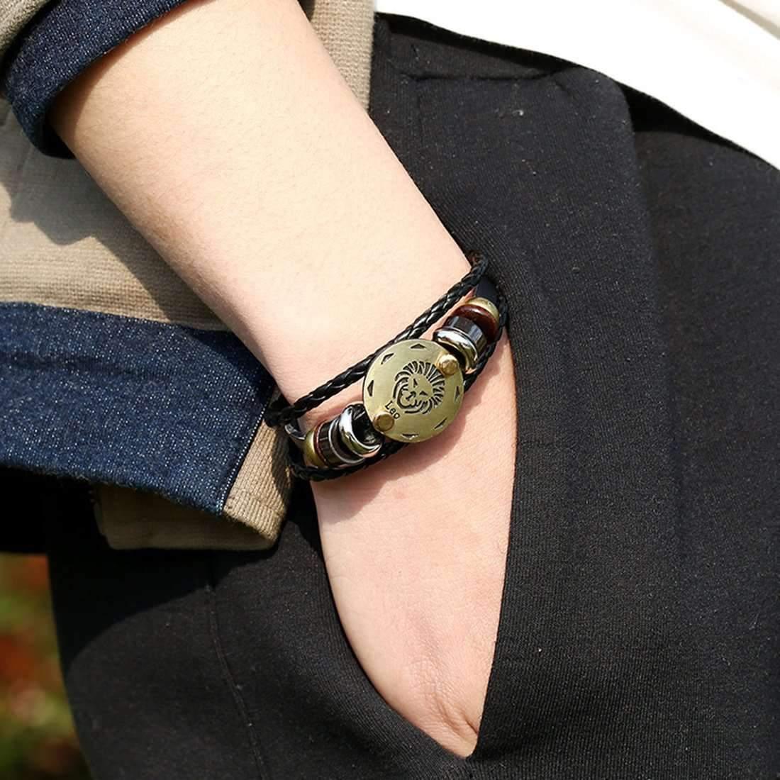 ♌ Leo Zodiac Leather Bracelet Wooden Bead & Black Hematite Lover Charm Jewelry - ZodiacFanatic