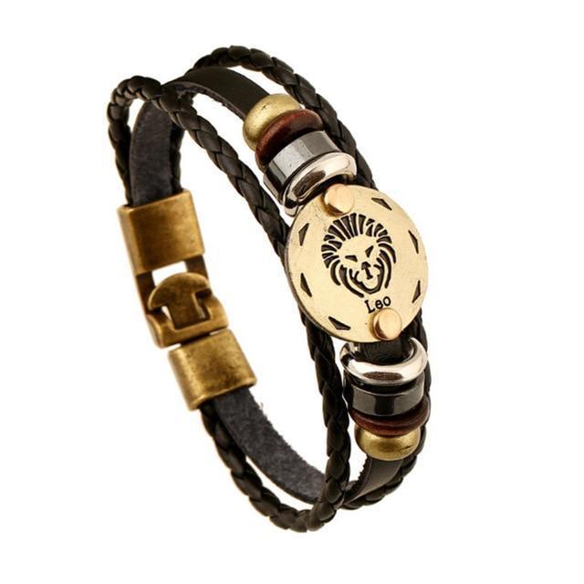 ♌ Leo Zodiac Leather Bracelet Wooden Bead & Black Hematite Lover Charm Jewelry - ZodiacFanatic