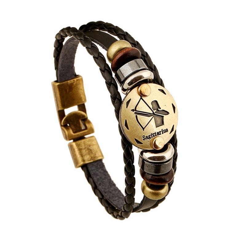 ♐ Sagittarius Zodiac Leather Bracelet Wooden Bead & Black Hematite Lover Charm Jewelry - ZodiacFanatic