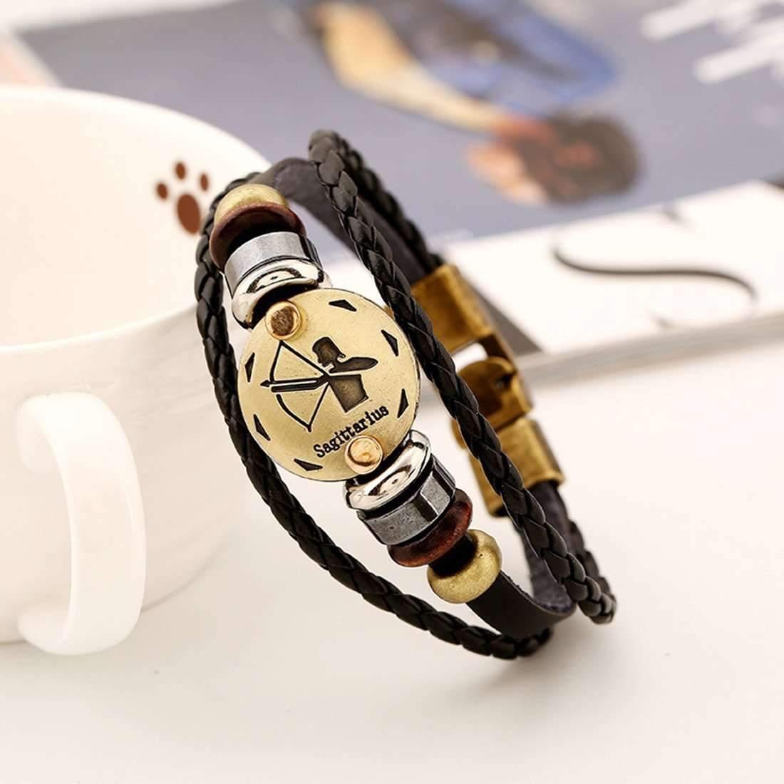 ♐ Sagittarius Zodiac Leather Bracelet Wooden Bead & Black Hematite Lover Charm Jewelry - ZodiacFanatic