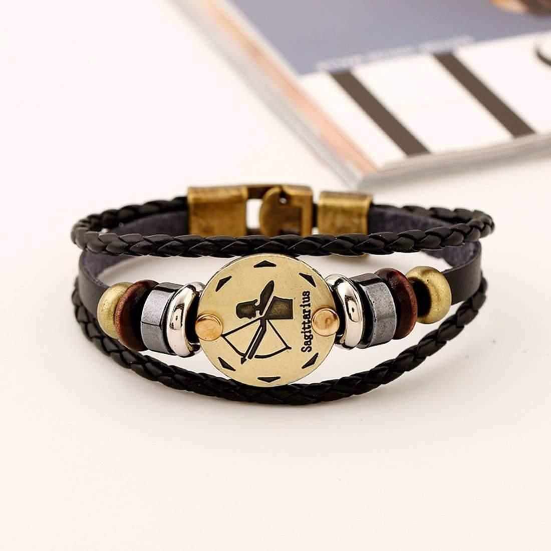 ♐ Sagittarius Zodiac Leather Bracelet Wooden Bead & Black Hematite Lover Charm Jewelry - ZodiacFanatic